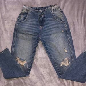 ZARA Distressed Rhinestone Waistband Mom Jeans | Size 2